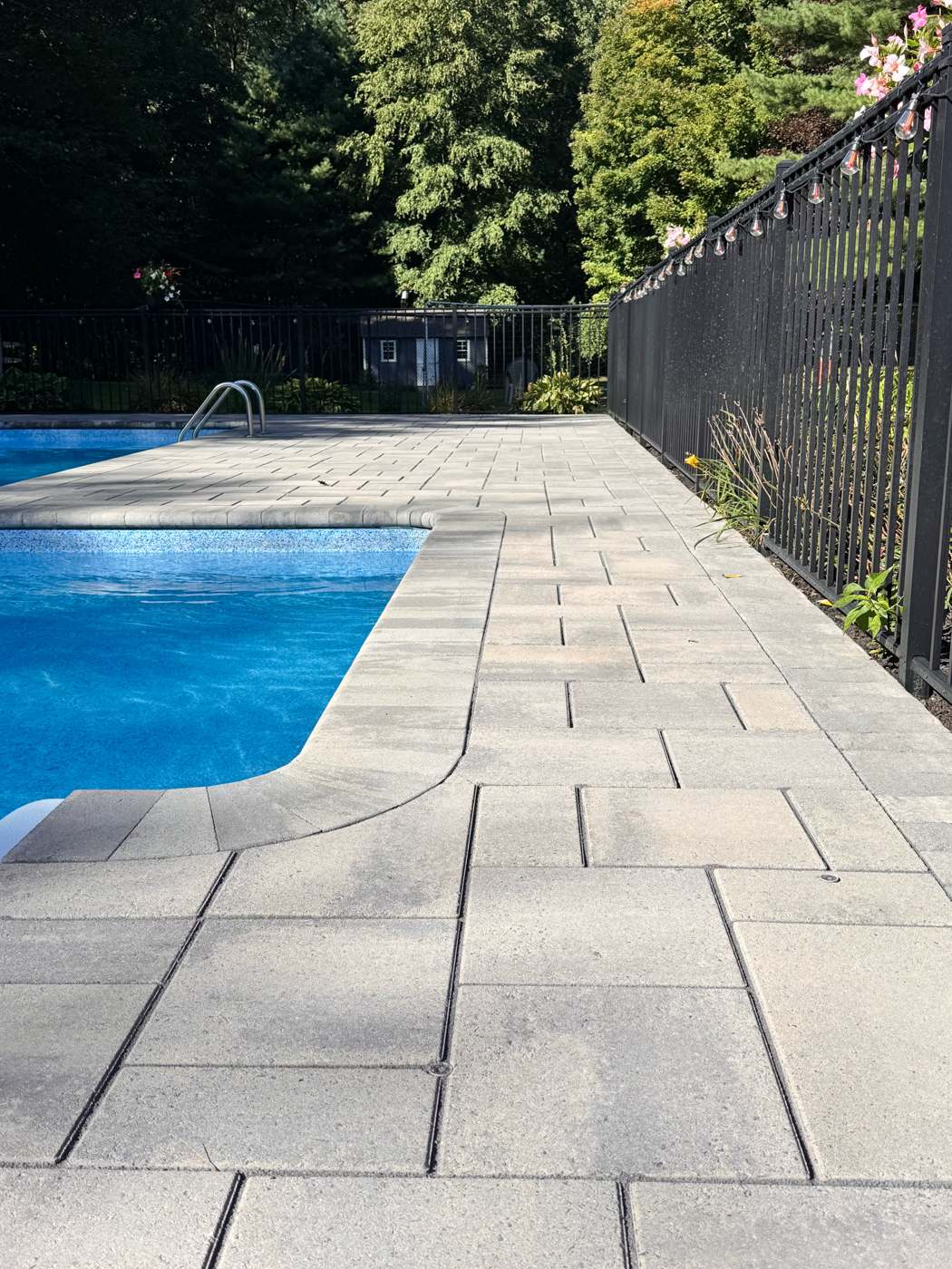Paver pool deck along a black fence with freshly sanded polymeric joints in Rhode Island
